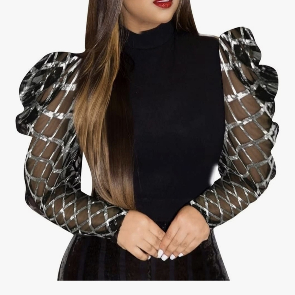 Sheer Puff Sleeve Black Blouse with Metallic Grid Detail